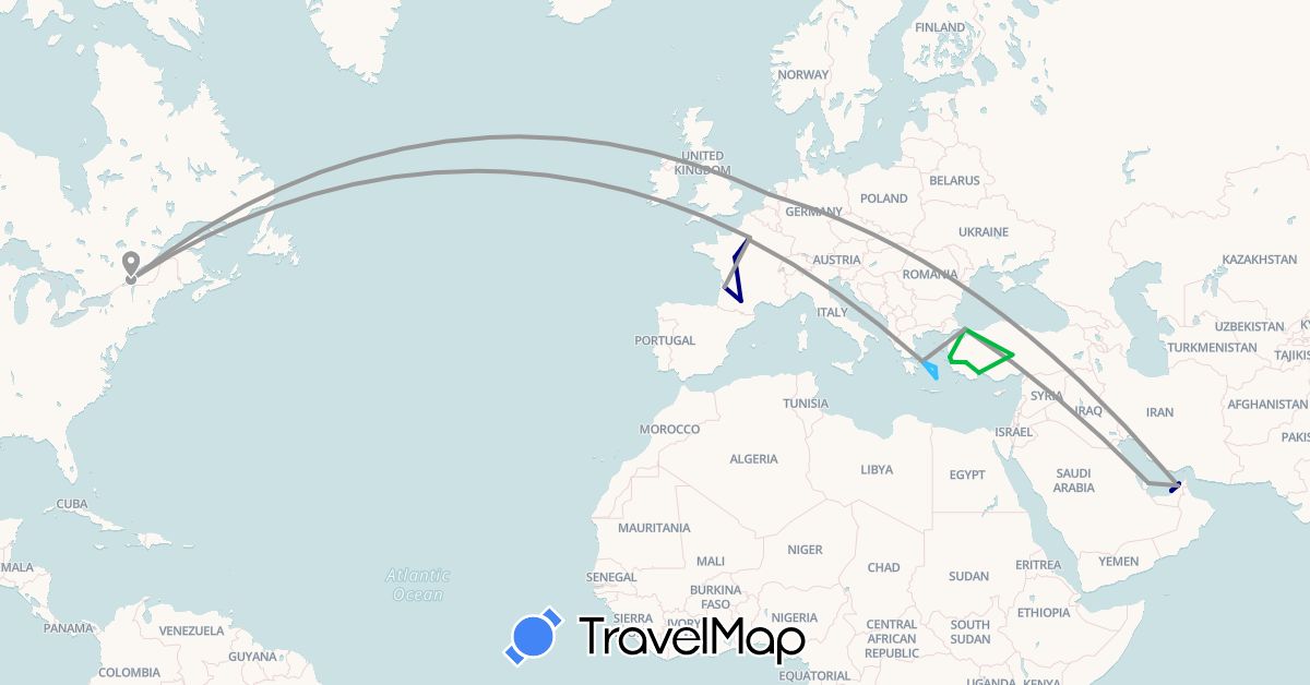 TravelMap itinerary: driving, bus, plane, boat in United Arab Emirates, Canada, France, Greece, Netherlands, Qatar, Turkey (Asia, Europe, North America)